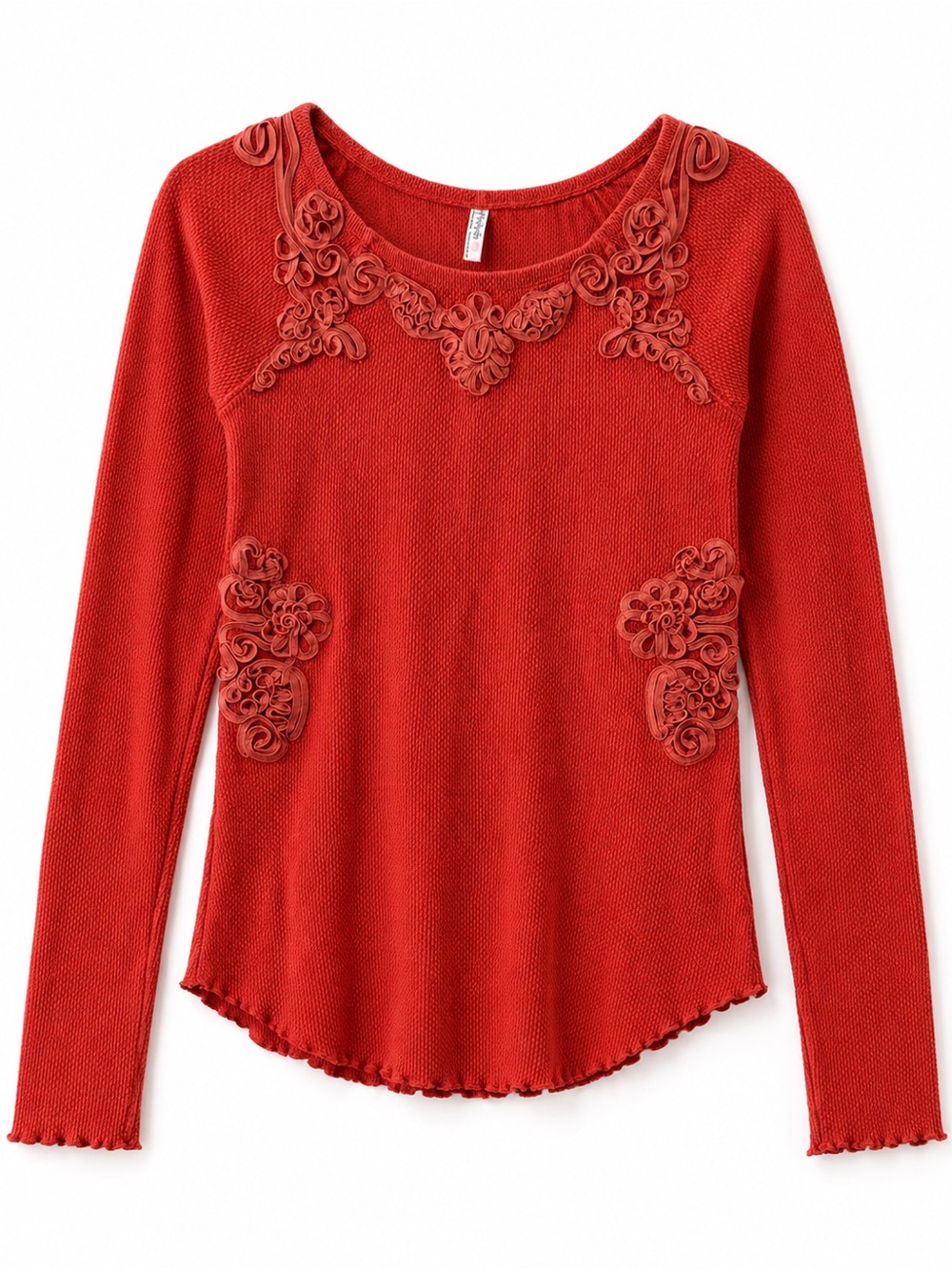 Free People Rust Red Thermal Waffle Knit Soutache Appliqué Top